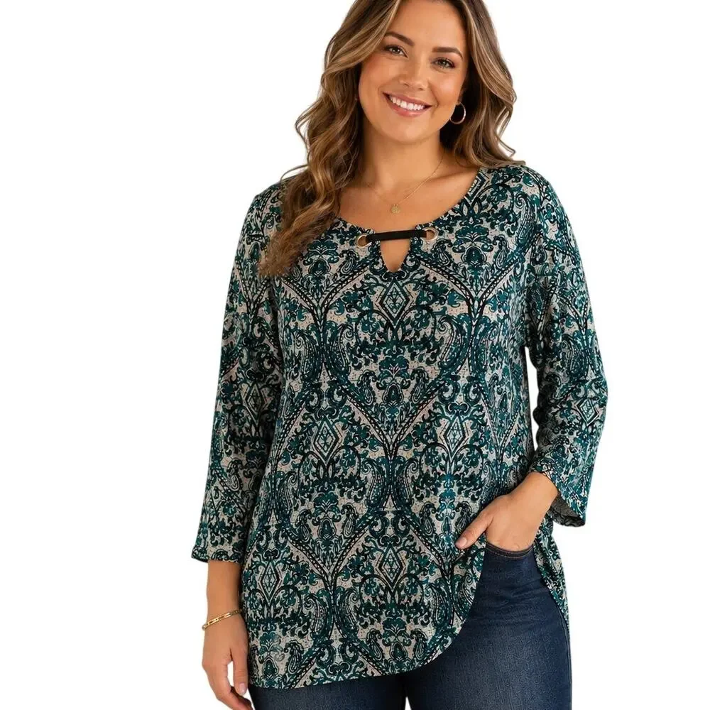 Catherines Keyhole Tunic Womens Size 1X Green Paisley Relaxed Flowy Top